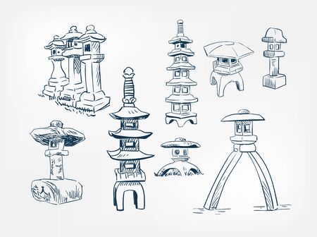toro lantern stone garden japanese vector sketch illustration engravedのイラスト素材