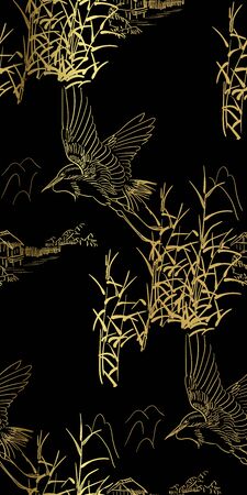 heron bulrush vector seamless japanese chinese pattern gold blackのイラスト素材