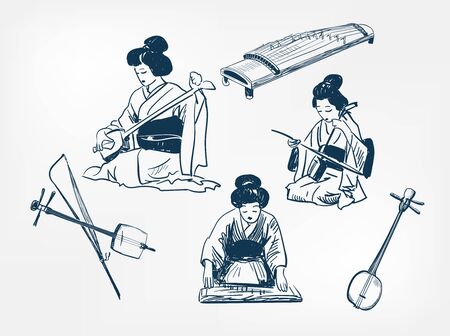 koto sanshin kokyu japanese vector sketch illustration engraved chinese musical instrument kimonoのイラスト素材