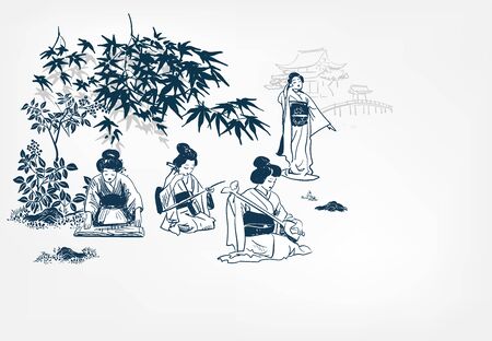 vector ink illustration sketch japanese chinese style line art design kimono girl plays music and dances under maple japan view traditionalのイラスト素材