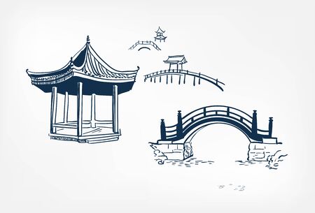 alcove bridge vector sketch illustration japanese chinese oriental line art designのイラスト素材