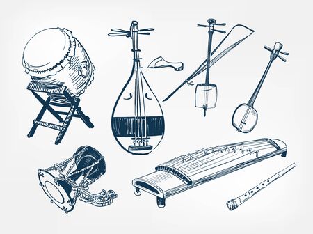 koto sanshin taiko drum Kotsuzumi kokyu fue flute japanese vector sketch illustration engraved chinese musical instrument designのイラスト素材