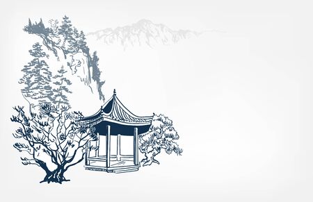 alcove view landscape card vector sketch illustration japanese chinese oriental lineのイラスト素材