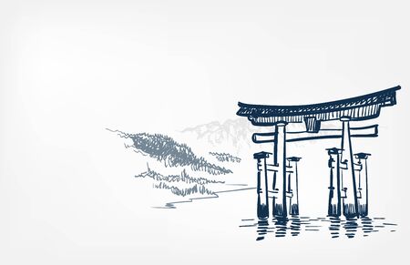 water gates thorium view landscape card vector sketch illustration japanese chinese oriental lineのイラスト素材