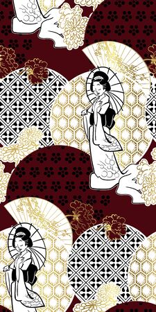 geisha girl fan umbrella kimono circles japanese chinese vector design pattern blueのイラスト素材
