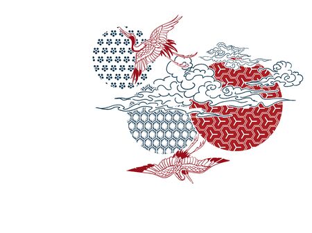 crane bird circles clouds japanese chinese vector design patternのイラスト素材