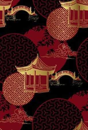 alcove bridge maple circles japanese chinese vector design pattern blackのイラスト素材