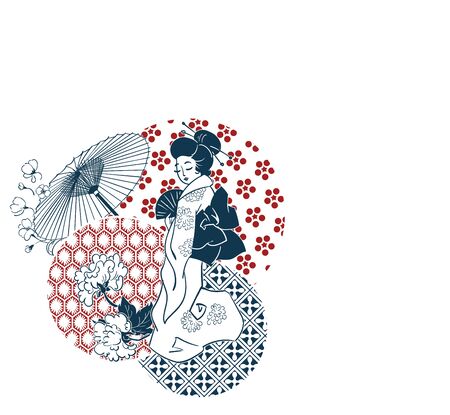 geisha woman umbrella fan circles japanese chinese vector design patternのイラスト素材