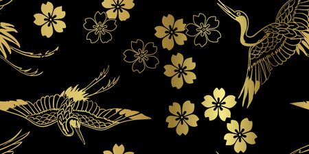 sakura flower bird crane japanese chinese design vector seamlessのイラスト素材