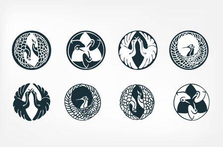 japanese chinese vector design heraldic badge set birdのイラスト素材