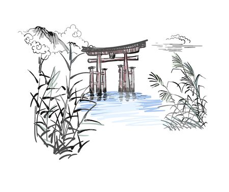temple nature landscape view vector sketch illustration japanese chinese oriental lineのイラスト素材