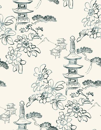 toro flower temple mountain nature landscape view vector sketch illustration japanese chinese oriental line art inkのイラスト素材