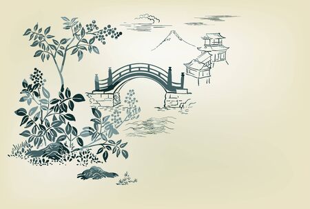 temple nature landscape view vector sketch illustration japanese chinese orientalのイラスト素材