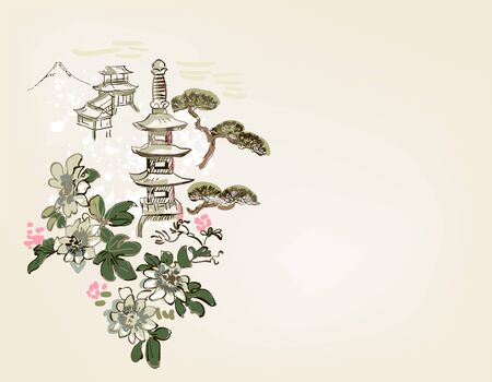 toro flower temple mountain nature landscape view vector sketch illustration japanese chinese oriental line art ink cardのイラスト素材