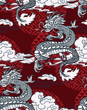 dragon card kimono japanese chinese vector design vector sketch illustration japanese chinese oriental line art seamlessのイラスト素材