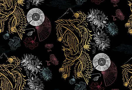 phoenix wallpaper vertical ornate oriental japanese chinese vector design seamlessのイラスト素材