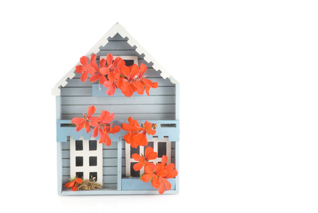 Blue wooden house with red geraniums の写真素材