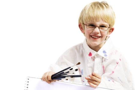 little artist is proud on his paintingの写真素材