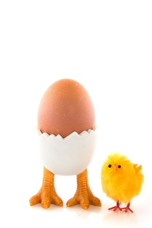Funny egg-cup with yellow easter chicken isolatedの写真素材