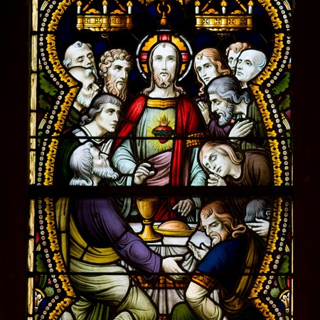 Last evening meal in stained glass in churchのeditorial素材