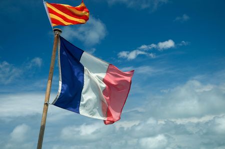 French boat with signal and national flagの写真素材