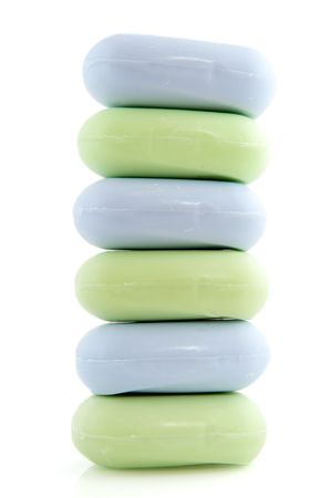 Green and blue pieces of soap stacked