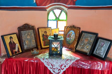 Interior of a Greek chapel as a place for devotionのeditorial素材