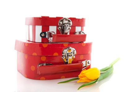 Red suitcases with a yellow tulip isolated over white