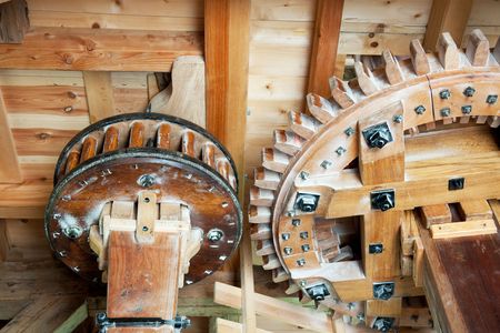 Wooden interior with wheels of a Dutch windmillの写真素材