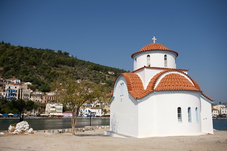 White typical Greek Orthodox church in Gythio on the Peloponneseの写真素材