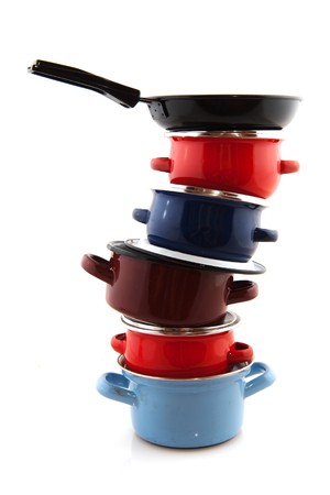 Big stack with pots and pans isolated over whiteの写真素材
