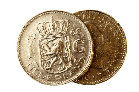 Old Dutch silver guilder isolated over whiteの写真素材