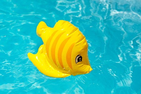 Floatable fish toy in the clear swimming poolの写真素材