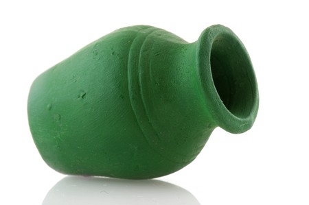 Single green pottery jar isolated over whiteの写真素材
