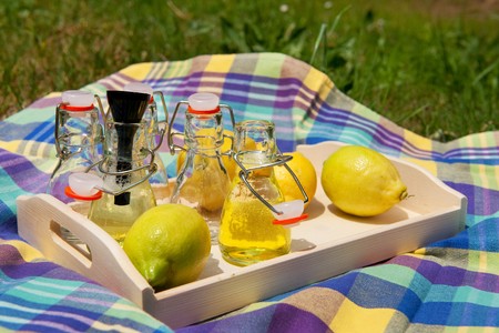 Making fruit lemonade with lemon in little bottlesの写真素材