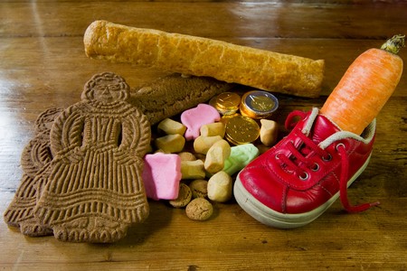 Traditional Sinterklaas candy with shoe and carrotの写真素材