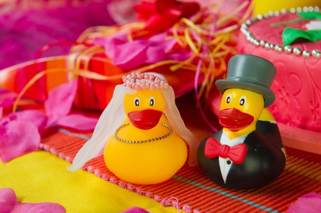 Wedding Duck couple with cake and colorful giftsの写真素材