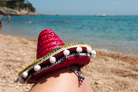Spanish beach with typical on a ,leg in the sunの写真素材