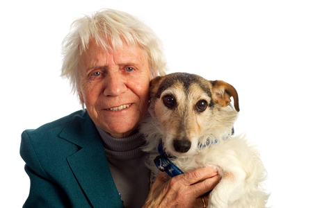 Elderly woman with her Jack Russel dogの写真素材