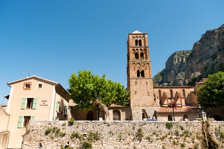 French church tower in Moustiers St marie in the Provenceの写真素材