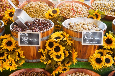 Various fresh French olives at the market in France