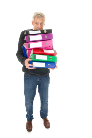 Elderly man in panic while having lots of paper administration