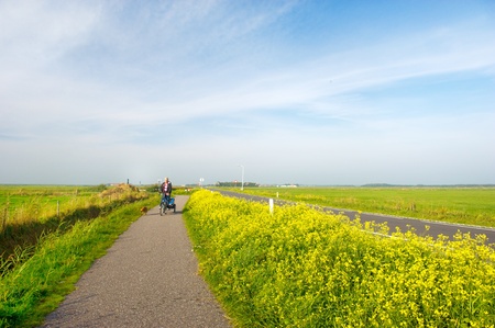 Man with his dog at the bike in Dutch landscapeの写真素材