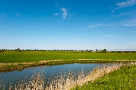 Typical Dutch flat landscape with pastures and waterの写真素材