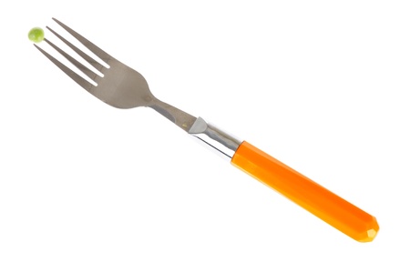 Single green pea on a fork isolated over whote backgroundの写真素材