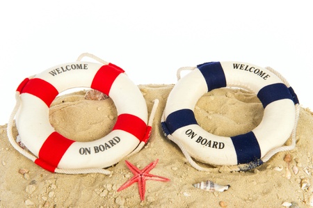Two life buoys with welcome on board in the sandの写真素材