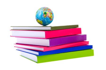 Back to school with colorful books and a globeの写真素材