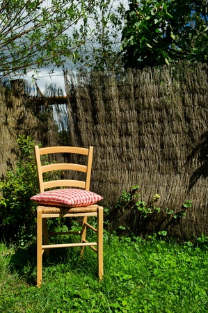 Empty chair with pillow in the gardenの写真素材