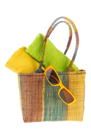 Beach bag with towels and sunglassesの写真素材