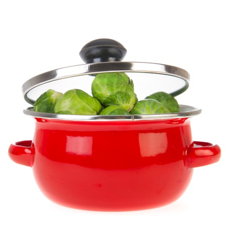 Brussels sprouts in red panの写真素材